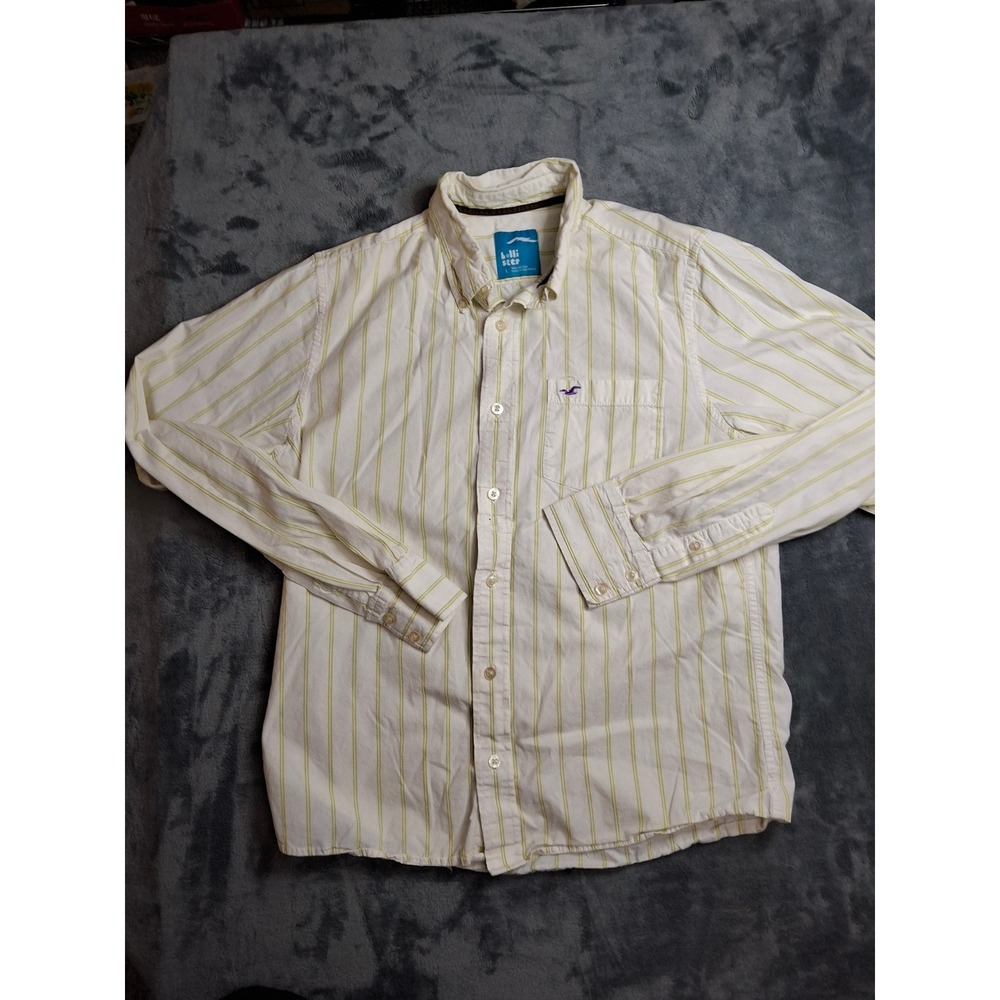 Hollister‎ Mens Large White Yellow Striped Long Sleeve Button Down Cotton Shirt